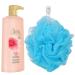 Caress Daily Silk Body Wash 25.4 oz. with Pump for Noticeable Silky Soft Skin - White Peach and Orange Blossom - Bundled with Bath Sponge