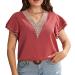 Women V Neck Top Summer Casual T Shirt Ruffle Sleeves Short Sleeve Top Lace Stitching V Neck Loose T Shirt (Brownish Red) 3X-Large Brownish Red - Buy Online on GoSupps.com