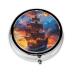 Pirate Ship at Sea Portable Metal Pill Box Round Mini 3-Compartment Plastic Insert hinged Fastening Design Suitable for Small Pills Must-Have for Travel