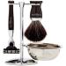 4-part set with Edwin Jagger handle for a Gillette Mach3 shaving patron razor brush black synthetic fiber with stand and bowl chrome