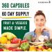 360 Superfood Fruit and Veggie Capsules - 100% Whole Super Fruit and Vegetable Supplements - Made in USA - Soy Free & Vegan - 60 Servings - Buy Online on GoSupps.com