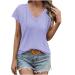 Womens Lace Trim V Neck Tops Casual Ribbed Knit Summer T Shirts Hollow Out Floral Embroidery Blouses Pullover 01 Purple Small