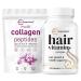 Micro Ingredients Multi Collagen Protein Powder 16oz & Hair Vitamins Complex Capsules Bundle 2 Pack | Grass-Fed Collagen Peptides | 14-in-1 Advanced Hair Growth Support