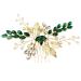 Bride Wedding Hair Comb Crystal Rhinestone Pearls Silver Leaf Hair Piece Accessories for Women Girls Homecoming Party (Green)