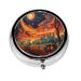 Red Clouds and Trains Portable Metal Pill Box Round Mini 3-Compartment Plastic Insert hinged Fastening Design Suitable for Small Pills Must-Have for Travel
