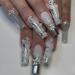 MERVF Long Square Press on Nails Sliver French Tip Fake Nails Press ons Glitter Goth Stick on Nails Full Cover Pearls Rhinestones Acrylic Nails with Swirls Design Squoval False Nails Glossy 24pcs 10 Flame