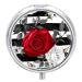 Round Pill Box Black White Stripes Red Rose Flowers Print 3 Compartment Medicine Pill Case Print Pill Organizer Decorative Metal Portable Pill Box Pocket Pill Box