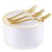 I00000 72 Pieces Gold Dessert Plates 7.5" with 72 Pieces Gold Plastic Forks 7.4", Heavyweight White with Gold Rim Plastic Plates, Salad Plates and Appetizer Plates for Parties ,Wedding & Party White Gold
