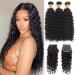 Peruvian Bundles with Closure Wet and Wavy Bundles (20 22 24+18) 100% Unprocessed 10A Virgin Human Hair 3 Bundles with 4x4 Lace Closure with Baby Hair Free Part Curly Wave Human Hair Extensions Water Wave Bundles with Closure 20 22 24+18Closure