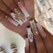 Coffin Press on Nails Long Fake Nails Pink White Ombre False Nails with Gold Rhinestones Designs Matte Acrylic Artificial Nails Summer Luxury Glue on Nails Natural Stick on Nails for Women Long Style-BK01-38