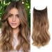 One piece Invisible Wire Hair Extensions Clip in Natural Wavy Synthetic Hair Extension with Transparent Wire Adjustable Size 2 Secure Clips Headband Long Curly Secret Hair Pieces for Women 16inch Ombre Caramelo with Dark Root