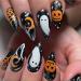 Halloween Press on Nails Medium Almond Fake Nails Glossy Glue on Nails Full Cover False Nails with Halloween Pumpkin Cobweb Ghost Designs Artificial Acrylic Stick on Nails for Women A10