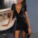 Fashion Party Dress for Women | V Neck Short Sleeve Solid Velvet Pleated Cocktail Dress in Black - Buy Online on GoSupps.com