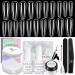 Saviland Nail Tips and Glue Gel Kit - Nails Clear Fake Coffin Nails Tips with 4-in-1 Nail Glue Gel Mini Nail Lamp for Acrylic Nails Extension Nail Art DIY at home 3.Clear T-shape nail tips full cover