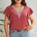 Women V Neck Top Summer Casual T Shirt Ruffle Sleeves Short Sleeve Top Lace Stitching V Neck Loose T Shirt (Brownish Red) 3X-Large Brownish Red - Buy Online on GoSupps.com