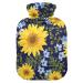 Hot Water Bottles with Cover Sunflowers Navy Background Hot Water Bottle for Pain Relief Period Cramps Heating Bag 2 Liter