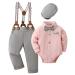 Amissz Baby Boy Gentleman Clothes Suit 0-18 Months Infant Formal Long Sleeve Tuxedo Romper Jumpsuit + Suspender Pants + Beret Hat 3pcs 6-12 Months Pink