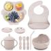 Baby Weaning Set Silicone Baby Feeding Set(10 Pcs) Toddler Weaning Set with Adjustable Bib Suction Bowl Plate Fork Spoon Water & Snack Cup Kit for Babies Toddler and Kids Beige