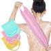 3 Pack Exfoliating Back Scrubber with Handles Exfoliating Washcloth Nylon Extended Length Body Exfoliator Brush Stretchable Pull Strap Back Washer for Shower Long Bath (Pink Blue Yellow)