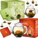 Creano 2x tea flower gift set - blooming tea with 2x 500ml glass jug & 6x green tea & 6x white tea - special set 1x green + 1x white
