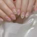 SINLOV Flower Oval False Nails Glossy Press on Nails French White Fake Nails Ballerina Acrylic Full Cover Fake Nails for Women and Girls