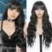 FUGADY Black Wavy Wig With Bangs Black Wig with Bangs Long Wig Synthetic Wig Body Wave Wig Cheap Wig Heat Resistant Wig Black Wigs For White Women Cosplay Wig Black Curly Wig with Bangs 24"