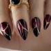 Moguri red black nails to press almond -shaped artificial nails with golden curved line design with adhesive pencil on the nails for wedding birthday
