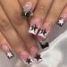 BABALAL French Tip Press on Nails Medium Square Fake Nails Black Pink Glue on Nails 3d Star Charm Acrylic Nails 24Pcs Rhinestone Squoval Artificial Cute False Nails for Women and Girls FNr21star