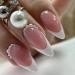 French False Nails with Glue - 24Pcs Stiletto Fake Nails Press on Nails with Pearls Nude French Nail Tips Full Cover Stick on Nails for Women Girls Festival Holiday Nails Art French with Pearl