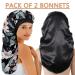 2 Pcs Black Satin Bonnet Set for Long Hair | Silk Sleep Cap for Black Women with Soft Elastic Band | Ideal for Curly Hair, Braids, Dreadlocks | Stylish Black+Black Flower Design - Buy Online on GoSupps.com