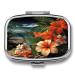 Pill Box Tropical Flowers and Decorations Print 2 Compartment Medicine Pill Case Pill Organizer Decorative Metal Portable Pill Box for Pocket Or Purse