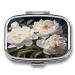 Pill Box White Peony Print 2 Compartment Medicine Pill Case Pill Organizer Decorative Metal Portable Pill Box for Pocket Or Purse