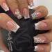 V French Tips Press on Nails Short Square Fake Nails Flower Acrylic Nails White False Nails with Rhinestones Star Glitter Design Glossy Geometric Nude Glue on Nails for Daily Wear Nail Art Decorations