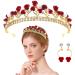 Aswewamt Red Rose Tiaras Bridal Wedding Queen Crowns Gold Flower Baroque Princess Crown Pearls Crystal Gold Headbands Earrings Rose Pendant Flower Jewelry for Women Girls