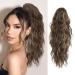 FINE PLUS Ponytail Extension Claw Synthetic Curly Wavy Claw Clip in Ponytail Hair Extensions 18INCH Curly Ponytail Extension Hair Hairpieces for Daily Party Use Dark Cool Brown Color Brown with Caramel Blonde highlights