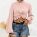 Trendy Lantern Sleeve Women's Pullover Shirt - Loose Fit Knot Front Turtleneck Sweatshirt in Solid Color - Large - A01 Pink - Buy Online on GoSupps.com