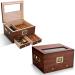 CIGARLOONG Cigar Humidor 35-50 Count Glass Top Large Capacity Cigar Box with Front Hygrometer Humidifier and Accessory Drawer(Brown)