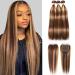Ombre Highlight Bundles With Closure Brazilian Straight Hair Bundles With Closure Free Part(18 20 22+16inch), 10A Virgin Remy Human Hair 3 Bundles with 4x4 Lace Closure P4/27 18 20 22+16 P4/27 Color