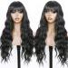 FUGADY Black Wavy Wig with Bangs | Long Synthetic Body Wave Wig - Heat Resistant & Affordable | Ideal for Cosplay - 24 Inches - Buy Online on GoSupps.com