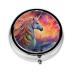 Colorful Unicorn Long Horn Portable Metal Pill Box Round Mini 3-Compartment Plastic Insert hinged Fastening Design Suitable for Small Pills Must-Have for Travel Black