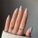 VOTACOS Press on Nails Medium Round Fake Nails Nude False Nails with Blue Wave Design Glossy Full Cover Stick on Nails for Women