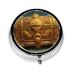 Golden Treasure Chest Portable Metal Pill Box Round Mini 3-Compartment Plastic Insert hinged Fastening Design Suitable for Small Pills Must-Have for Travel Black