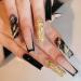 BELICEY Black French Press on Nails Medium Length Golden Bling Stripes Fake Nails Full Cover Luxury Stick on Coffin Nails Exquisite Design Nails for Women and Girls A008