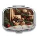 Pill Box Xmas Tree Branch Bear Doll Print 2 Compartment Medicine Pill Case Pill Organizer Decorative Metal Portable Pill Box for Pocket Or Purse Style