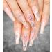 Artquee 24pcs Light Nude Pink Clear Press on Nails Long Ballerina Glossy Fake Nail Art Luxury 3D Flower With Rhinestones Coffin False Tips Artificial Manicure Stick for Women and Girls Decoration Light Nude Luxury