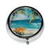 Beach and Cocktails Portable Metal Pill Box Round Mini 3-Compartment Plastic Insert hinged Fastening Design Suitable for Small Pills Must-Have for Travel
