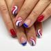 4th of July Short Press on Nails Square French Tip Fake Nails Red Blue White Swirl Design Patriotic Acrylic Glue on Nails Coffin Nail Tips Full Cover Cute Independence Day False Nails for Women 24Pcs Pr10