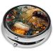 Oil Painting Portable Metal Pill Box - Round Mini 3-Compartment Design for Travel - Small Pill Organizer Hinged Fastening Black - Buy Online on GoSupps.com