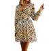 Ladies V Neck Leopard Print A Line Skirt Balloon Sleeve Long Sleeve Dress Woman Casual (Yellow, XL) X-Large Yellow