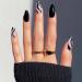 JUSTOTRY 24 Pcs Short False Nails Swirl Almond Black French Press on Nails Pattern Nude Fake Nails Short with Nail Glue Stiletto Stick on Nails for Women Nails Fake Nail Medium for Nails Art black swirl1